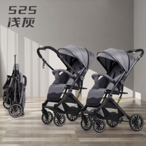 Two-way high-view baby stroller, newborn baby stroller, can sit or lie down, one-click folding grey